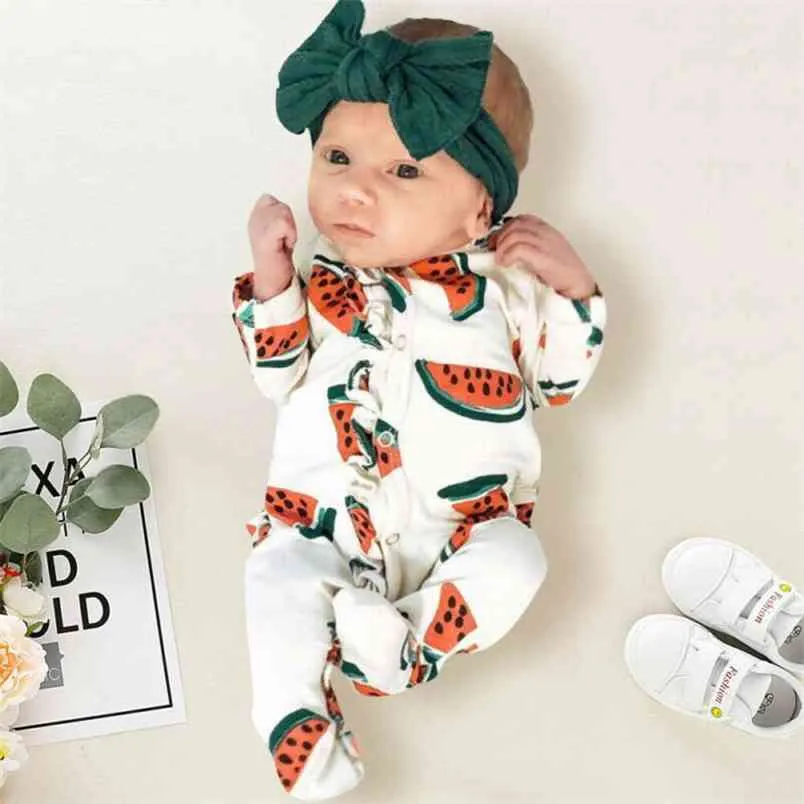 born Kleinkind Baby Junge Mädchen Kleidung süßer Wassermelonen-Druck Strampler Langarm gewickelter Fußoverall Born 210816