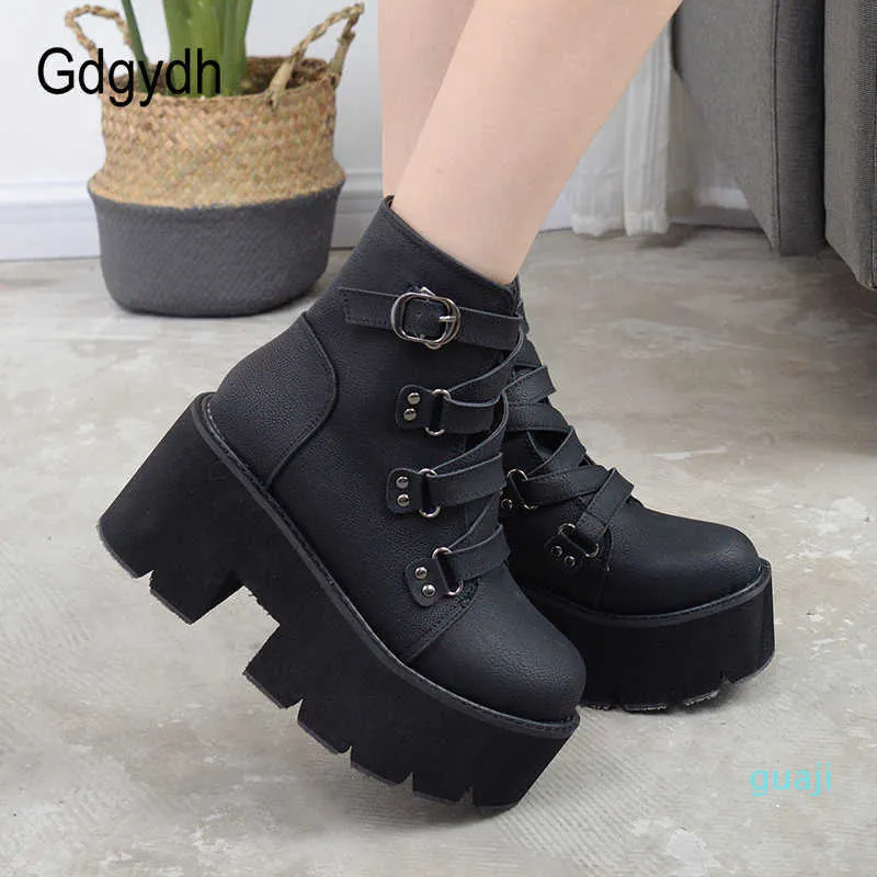 Gdgydh Frühling Herbst Stiefeletten Frauen Plattform Stiefel Gummi Sohle Schnalle Schwarz Leder PU High Heels Schuhe Frau Komfortable 4021