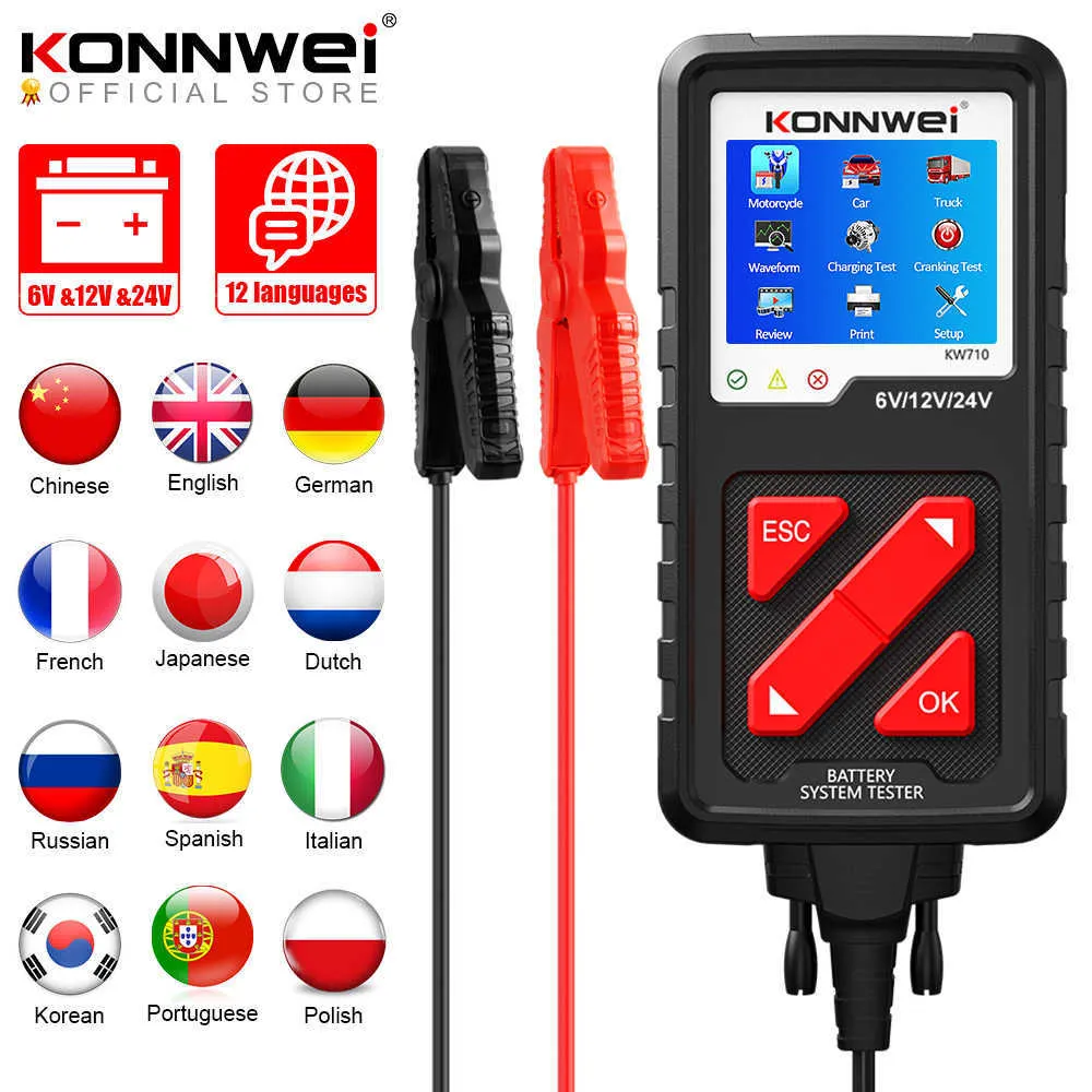 Konnwei Ferramentas Diagnósticas KW710 Motocicleta Truck Truck Battery Tester 6V 12V 24V Bateria Analisador de Bateria 2000 CCA Carregando Ferramentas de Teste de Cranking para o carro