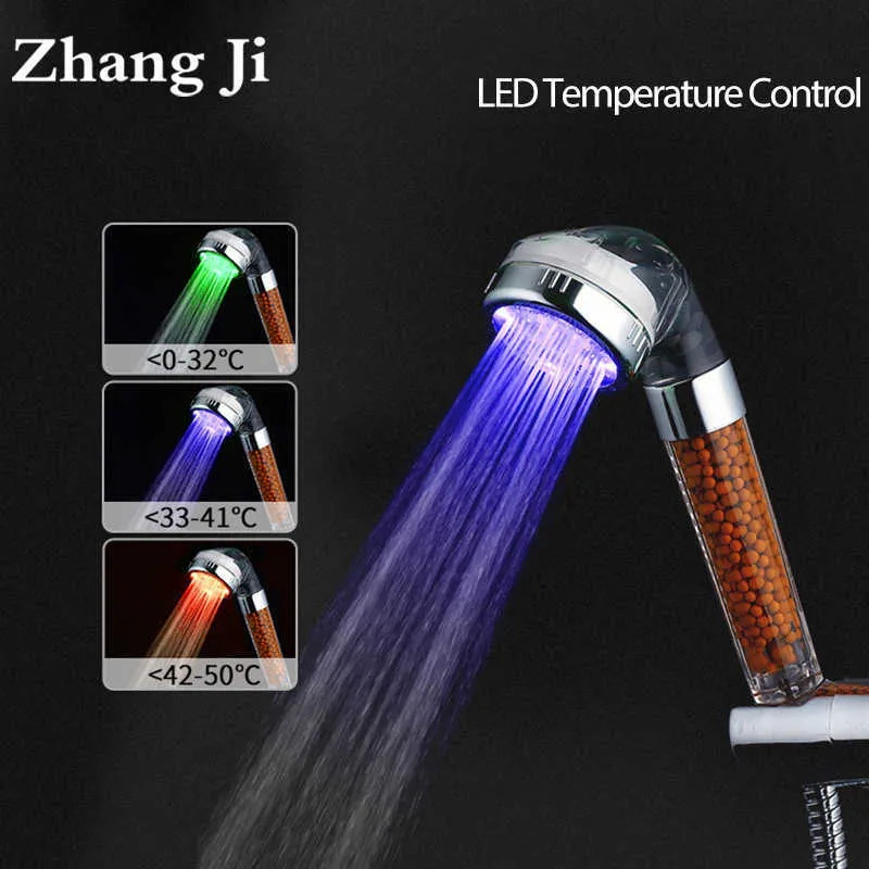 ZhangJi 3 Colors LED SPA Shower Head Temperature Sensor Light Water Flow Generator Shower Head Water Saving Filter Bath Fixture 210724