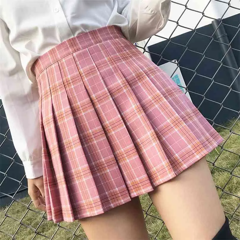 Jmprs hoge taille vrouwen geplooid rok jk zomer japan zoete preppy stijl meisjes dans mini mode plaid rits faldas mujer 210629