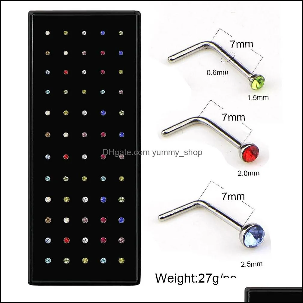 60 PCS Boxed L-Shape Nose Stud Set With Crystal Body Piercing Gun Kit Fake Nose Ring Stainless-Steel Needle Hoop Pack Jewelry