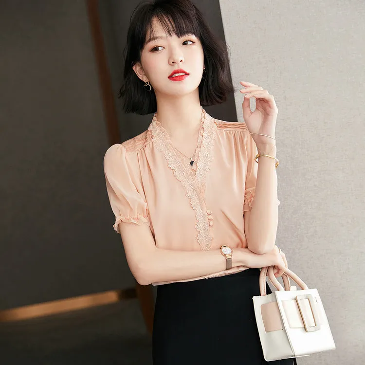 Women's Shirt Short Sleeve Lace Ruffle Summer Shirt Temperament Business Shirt Trend Silk Lady Blouse Fashion Casual Girl Blouse