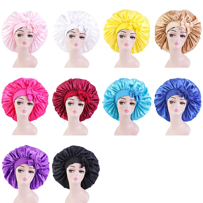 Extra Large Solid Satin Bonnet with Wide Stretch Ties Skull Caps Women Night Sleep Hat Adjust Silky Head Wrap Shower Cap