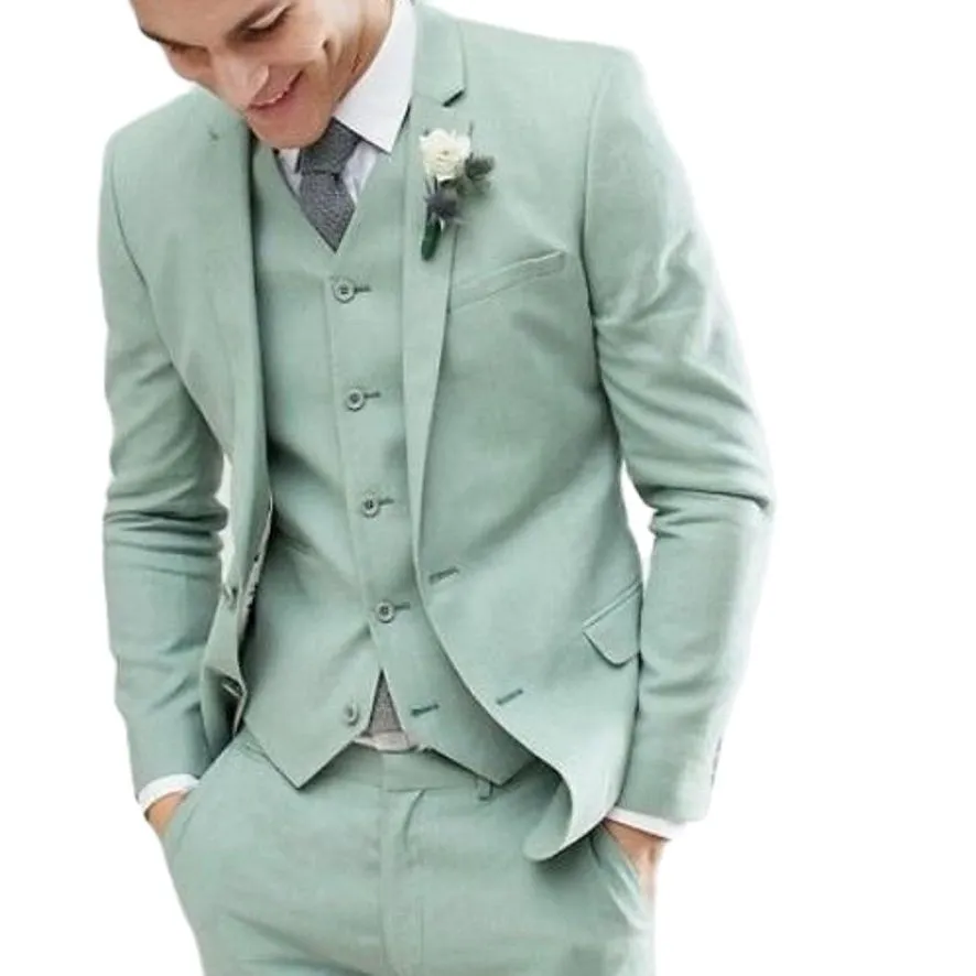 Tuxedos de mariage de plage vert, coupe cintrée à revers cranté pour hommes, costume formel à deux boutons pour marié d'affaires, veste, pantalon, gilet Tie180z