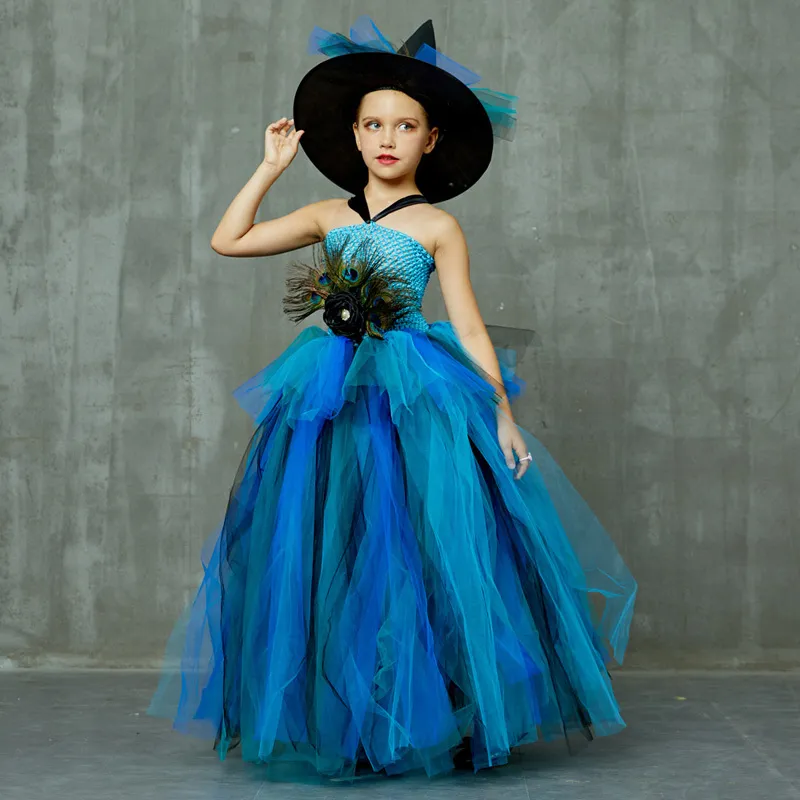 Elegant Peacock Feather Costume Girls Fluffy Layered Peacock Tutu Dress with Witch Hat Kids Pageant Party Ball Gowns Dresses (12)