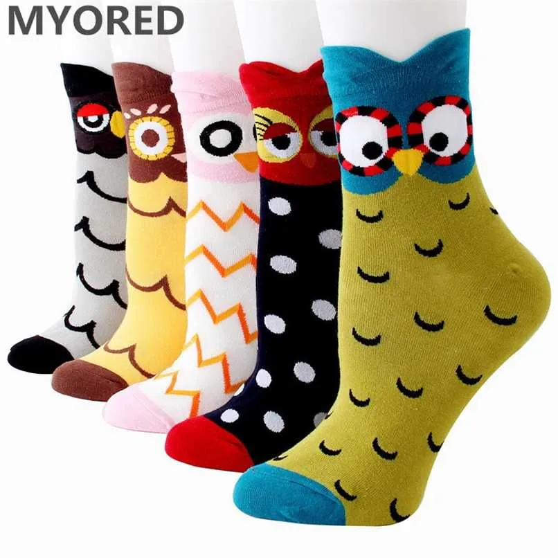 MYORED women cotton 3D owl socks cute cartoon party holidiay sock girls ladies halloween Meias gift sock 5pairs/Lot 211221