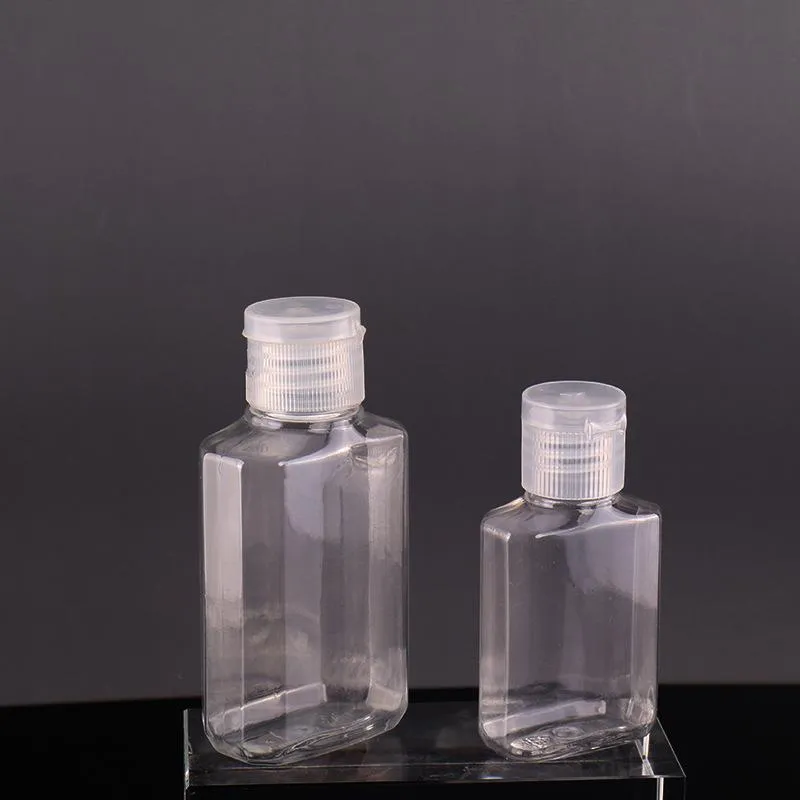 2021 30ml 60ml Tom Pet Plastflaska med flip-lock transparent kvadratisk formflaska för sminkvätska engångshands sanitizergel