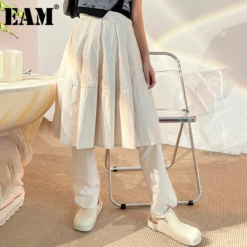 [EAM] High Elastic Waist Black Pleated Long Wide Leg Trousers New Loose Fit Pants Women Fashion Tide Spring Summer 2021 1DE0750 Q0801