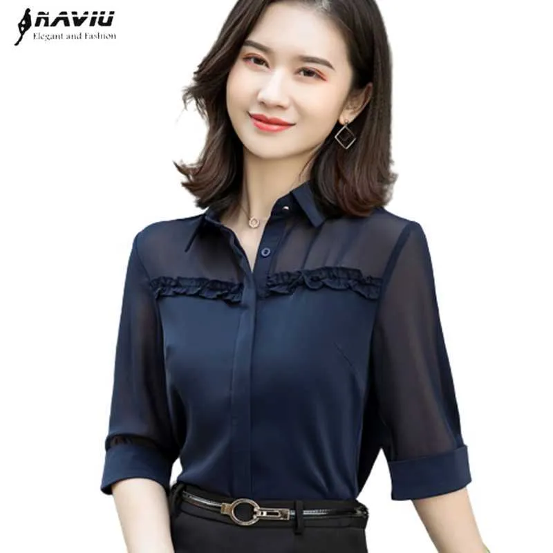 Half Sleeve Shirt Women Chiffon Summer Fashion Temperament Formal Blouses Office Ladies Plus Size Work Tops 210604