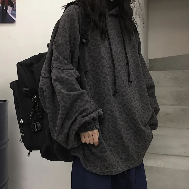 Plus la taille surdimensionné lâche à capuche léopard Hip Hop Sweat Pull Hoodies Femmes Harajuku Streetwear Punk Top Warm Fleece T200904
