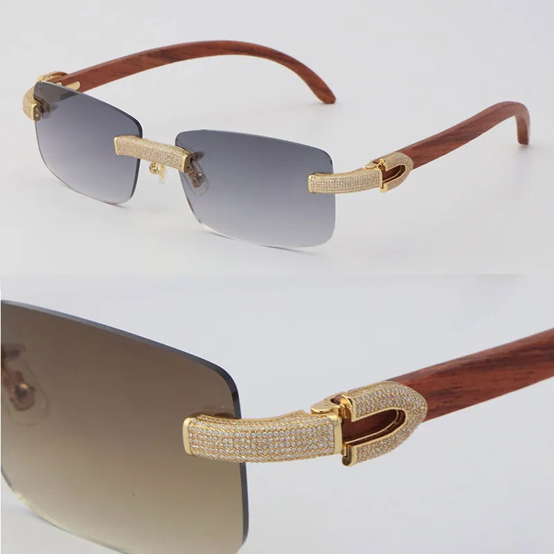 New Micro-paved Diamond Rimless Wooden Womans Sunglasses Original Wood mens Rocks Frame Male and Female Eyewear 18K Gold C Decoration Sun Glasses Hot Size:57-18-140