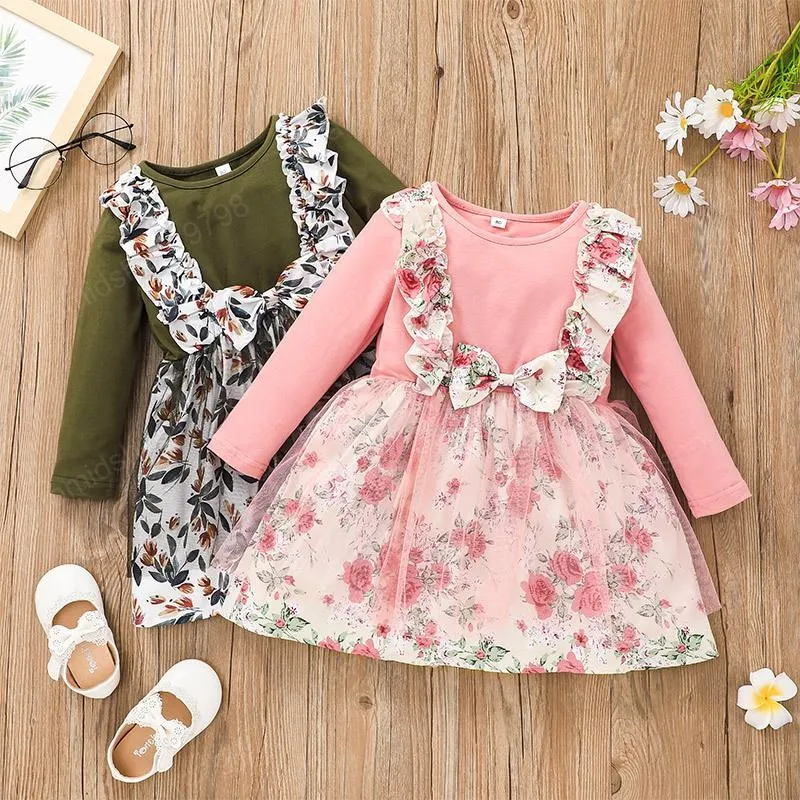 Girls Rose Flower Print Tulle Dress Fall 2021 Kids Boutique Clothing Korean 1-5T Children Long Sleeves Cotton Dresses