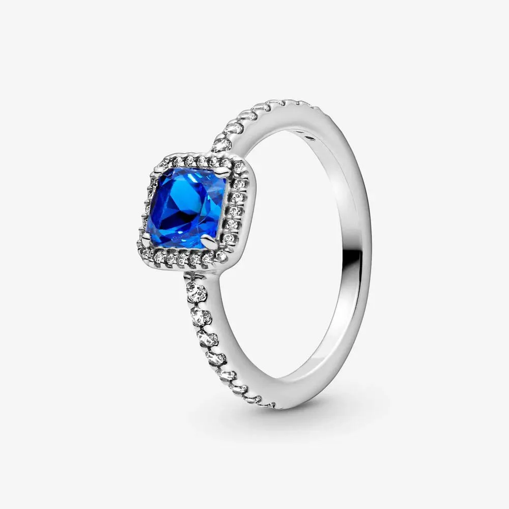 New Brand 100% 925 Sterling Silver Blue Square Sparkle Halo Ring For Women Wedding Rings Fashion Jewelry