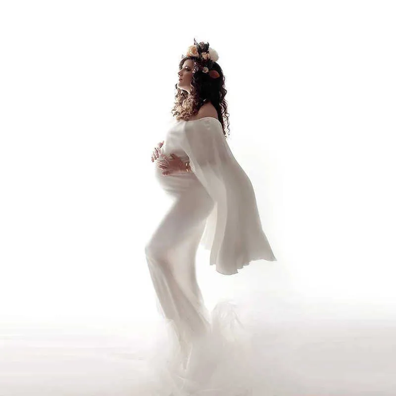 Elegant White maternity pink maternity maxi dress with Cloak for PhotoShoots - Long Pregnancy Clothes for Pregnant Women (Q0713)