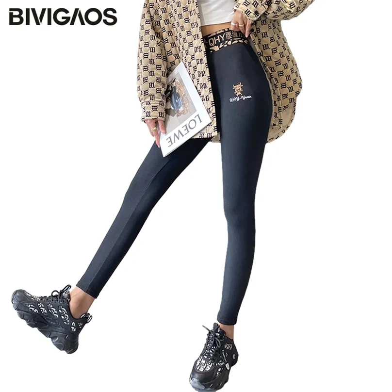 Bivigaos Spring Chinese文字ハイウエストレギンス女性スキニーブラックマジックパンツ薄いスリムコットンペンシル211215