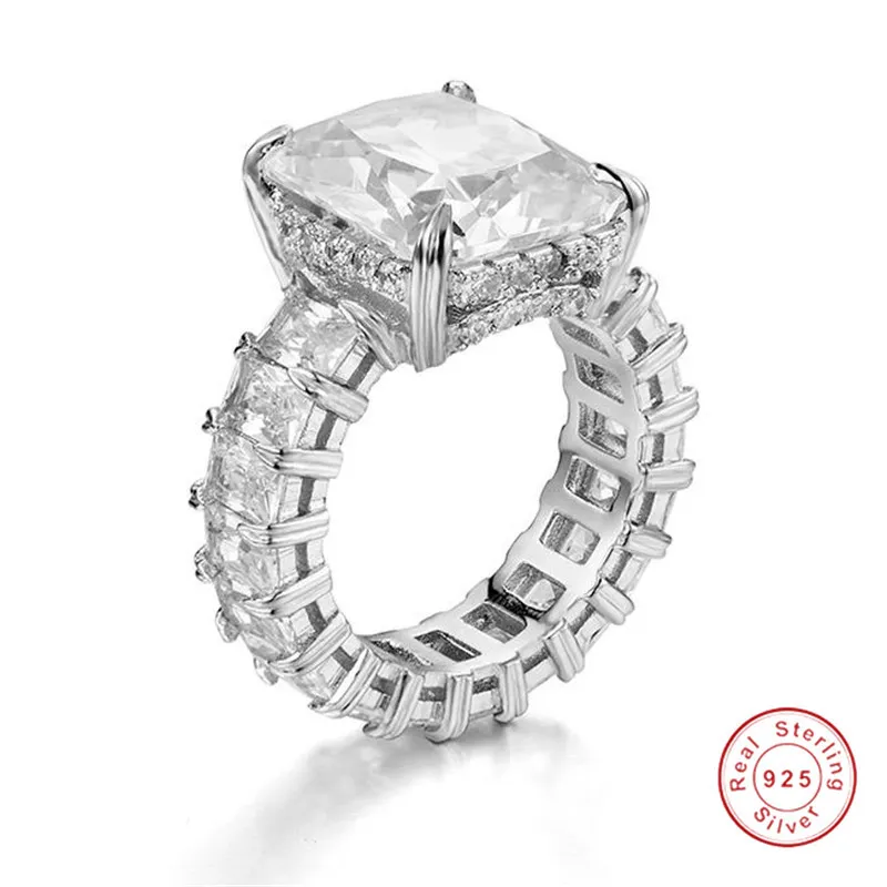 Lyx 925 Silver Pave Radiant Cut Full Square Simulerad Diamant Ring Eternity Engagement Bröllop Sten Ringar för Kvinnor Smycken