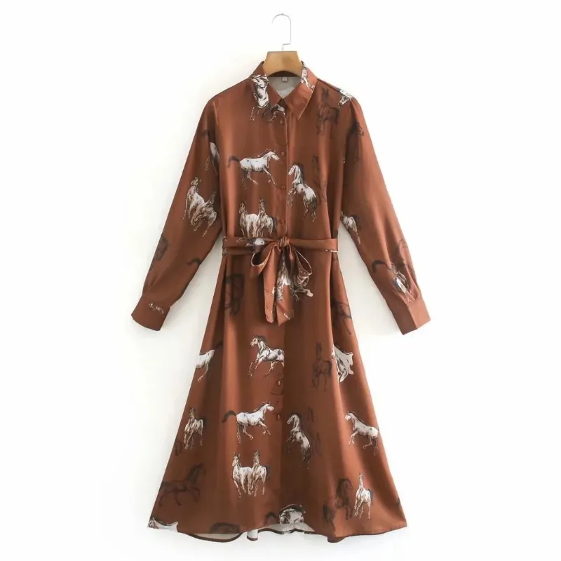 Womens Autumn Horse Print Long Sleeve Shirt Dress Casual Slim Vestido From  Lu006, $17.84