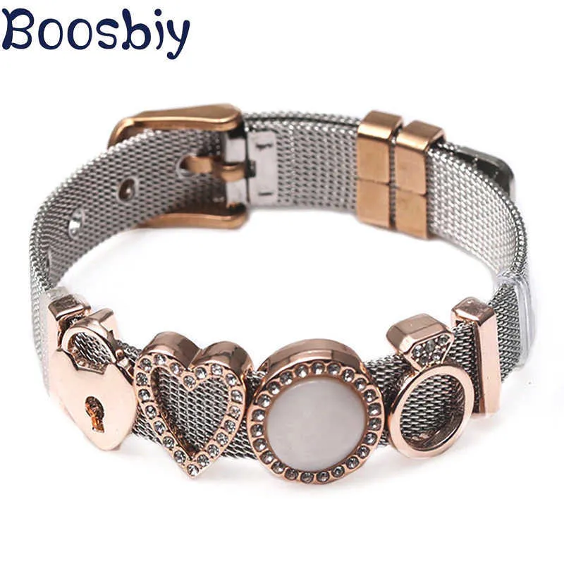 Boosbiy Fashion Rostfritt stål Mesh Märke Armband DIY Crystal Heart Lock Charms Armband Bangle för Kvinnor Smycken Gift Q0719