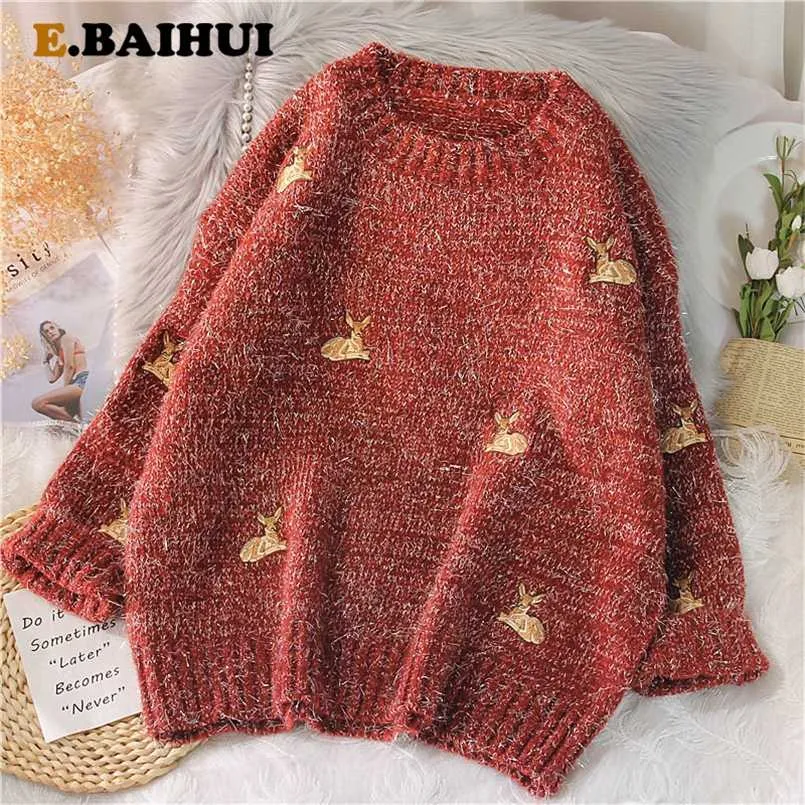 Ebaihui damskie Kawaii Ulzzang Vintage College Deer Haft Sweter Kobiet Koreański Grube Cute Loose Harajuku Odzież 211215