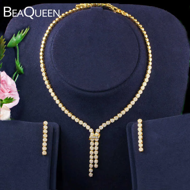 Beaqueen Beaqueen Luxury Gold Color Micro Pavimentato Zirconia Cubic Zirconia Lungo pendente Collana e orecchini Bridal Wedding Jewelry Set JS237 H1022