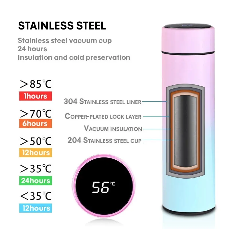 500ML Smart Water Bottle Led Vacuum Flask Digital Temperature Display Stainless Steel Coffee Thermal Mugs Intelligent Insulation Cups