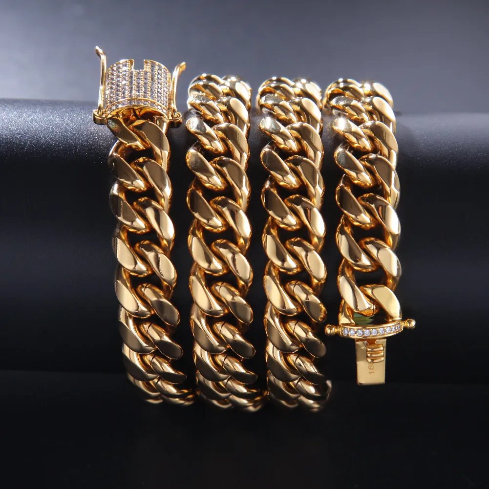 12mm Kristall Zirkon Edelstahl Kubanische Kette Gold Diamant Link Armband Halsketten für Männer Nachtclub Hip Hop Modeschmuck wird und sandig