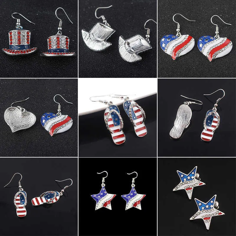 1 Pair Moda Styl Amerykański Usa Flaga Star Kapcie Kształt Dangle Drop Kolczyki Dzień Niepodległości Biżuteria Prezenty Uszu Hak Biżuteria Q0709