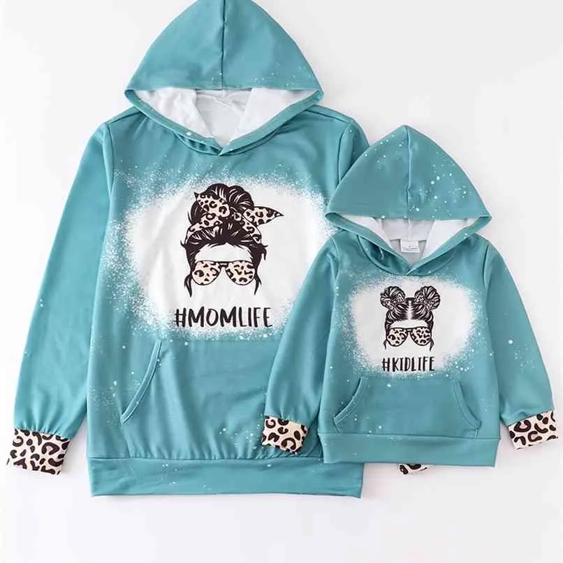 Girlymax Baby Girls Children Clothes Mommy &Me Long Sleeve Momlife Kidlife Leopard Tie Dye Hoodie Top Boutique Kids Clothing 210918