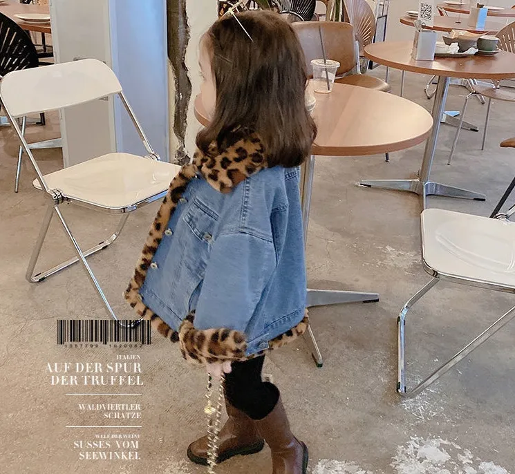 Fall winter Girls leopard grain fleece coat kids lapel long sleeve velvet thicken warm denim outwear children reversible casual tops Q2852