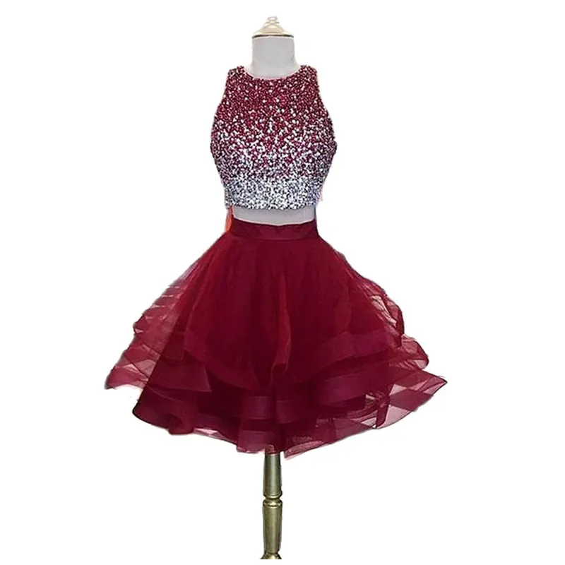 Sweet Sexy Crystal Ball Gown Mini Homecoming Dress With Two Pieces Beading Sequins Tulle Plus Size Graduation Cocktail Prom Party Gown BH10