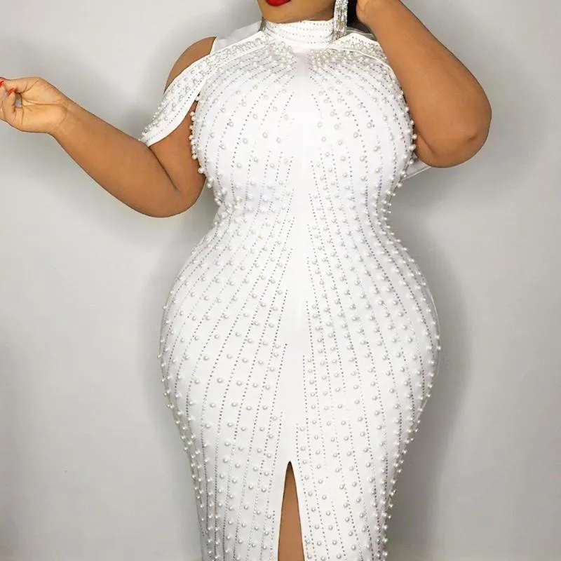 Beading White Plus Size Bodycon Dress 5XL 2021 Party Club Midi Sukienki Eleganckie Split Kobiet Wieczór Vestidos