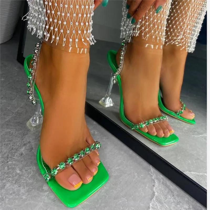 Sandaler 2022 Summer Women 12cm High Heels Crystal Transparent Strap Nightclub Fetish Sandles Lady Green Prom Rensa skor