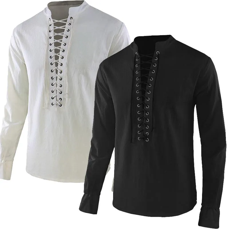 Mens Retro Shirt Lace Up V Neck Long Sleeve Blouse Medieval Noble Style  Stage Costume 