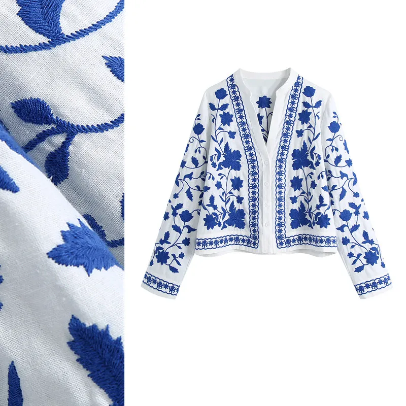 Новый дизайн женский ретро-этнический национальный стиль синий и белый фарфоровый вышивка хлопковая льняная блузка
