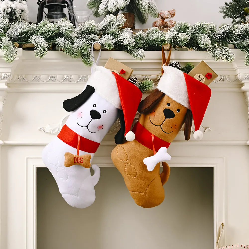 Boże Narodzenie Stocking Haftowany pies z Santa Hat Wzór Xmas Drzewo Wiszące Wisiorek Ornament Prezent Bag Phjk2109