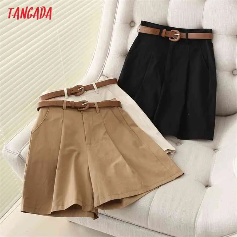 Tangada zomer vrouwen elegante solide katoenen shorts met riemzakken ol pantalones 7h02 210719