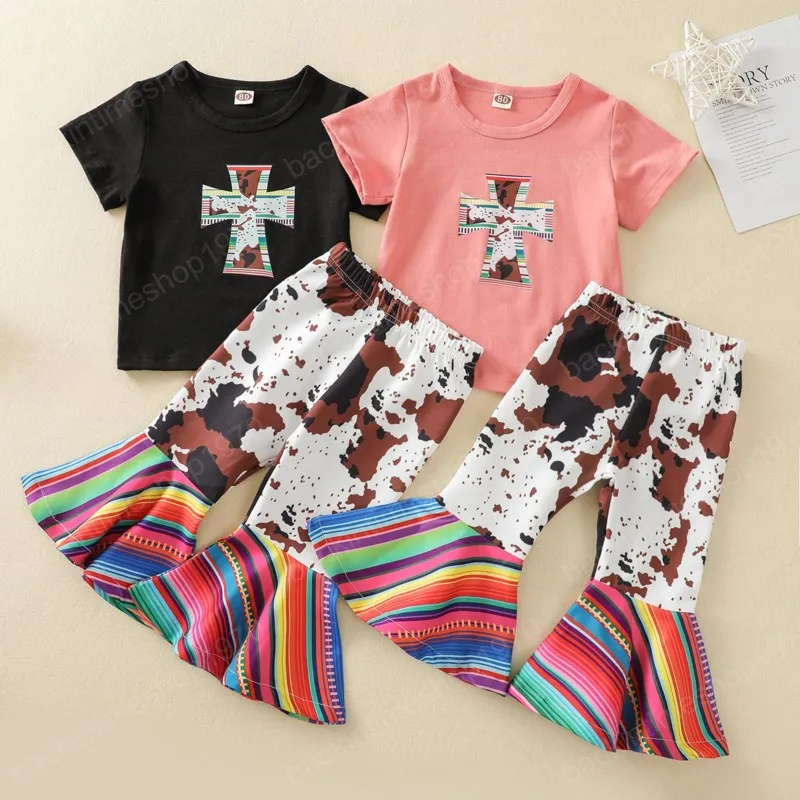 Completi per bambini Completi per bambina Completi per bambini Croce manica corta Top + Mucca stampa colorata Pantaloni svasati 2 pezzi / set moda estiva Boutique vestiti per bambini