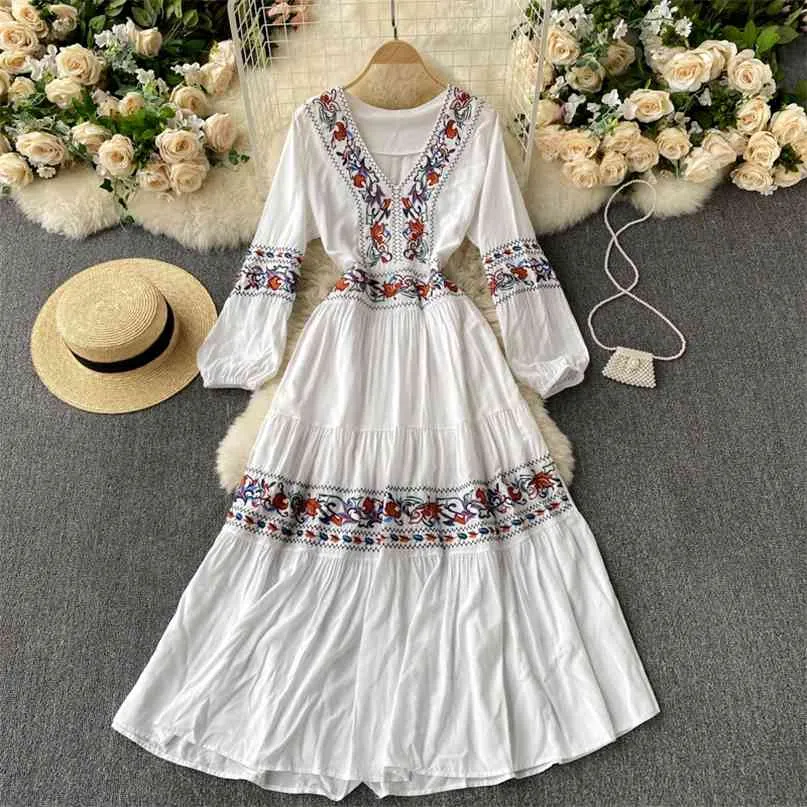 Czeski Kobiety Moda Haft V-Neck Długi Rękaw Wysokowy Talii Odchudzanie Luźnej Dresy linii Odzież Vestidos R687 210527