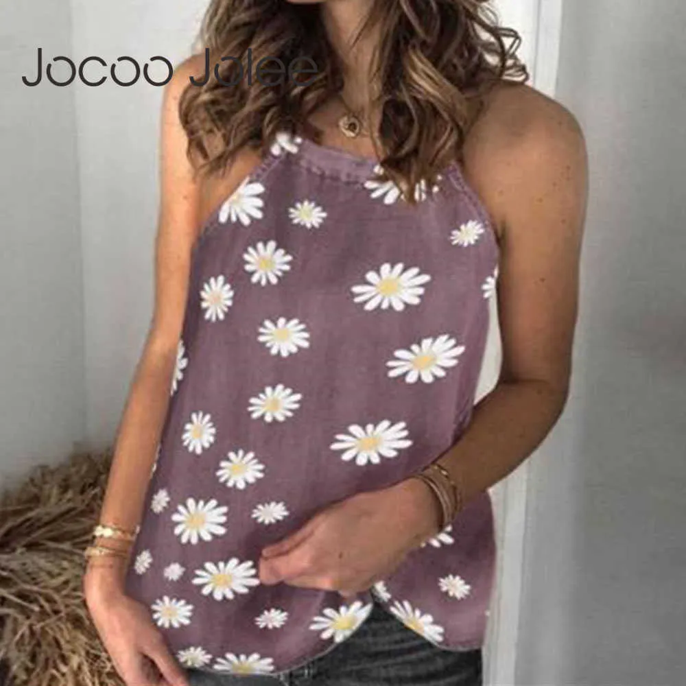 Jocoo Jolee Women Casual Floral Print Halter Neck Tanks Elegant Cotton and Linen Off the Shoulder Vests Vintage Slim Blouse tops 210619