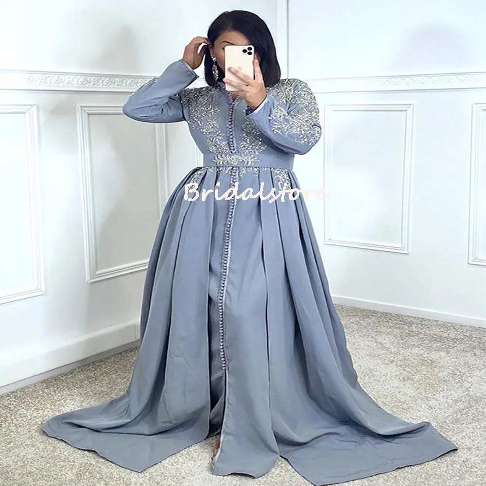 Único Dusty Azul Plus Size Vestido de Noite Marocan Kaftan Abaya Uma linha Manga comprida Vestidos de festa formais para casamentos V Neck Vestidos de baile 2022 Dubai Árabe Robes de Soirée