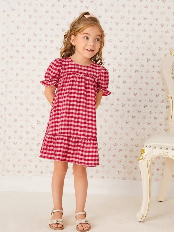 Peutermeisjes Gingham Puff Sleeve jurk zij