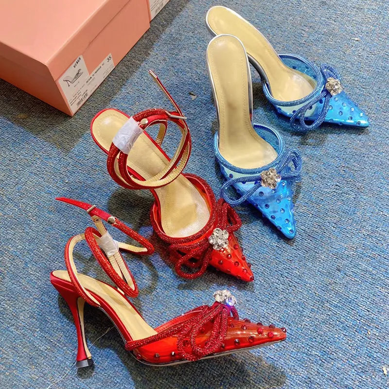 women Dress shoes MACH Crystal Embellished Bow rhinestone high heeled shoe Designer transparent PVC 9.5cm party sandals top quality Baotou slipper