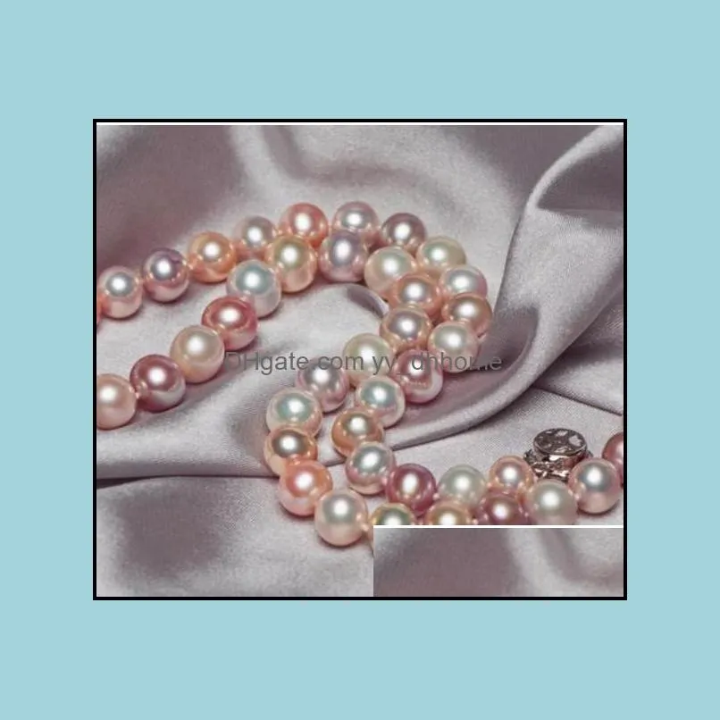 9-10mm Beaded Necklace Natural White Pink Purple Pearl Necklace 18 Inch 925 Silver Clasp