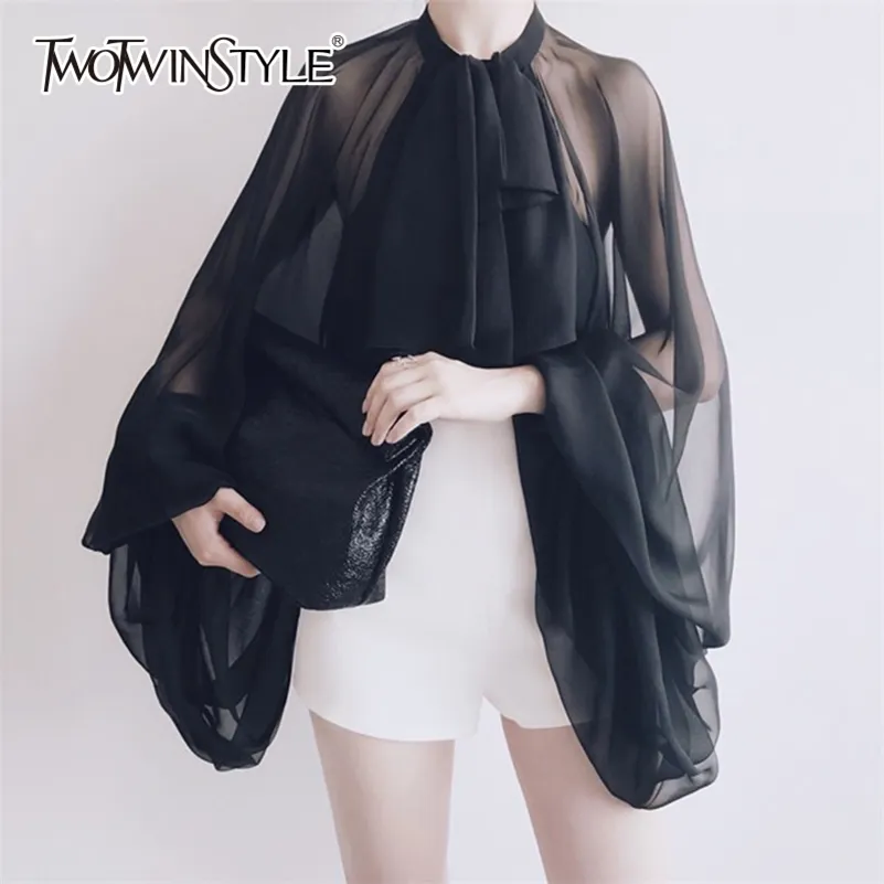 TWOTWINSTYLE Bowknot Chemisier En Mousseline De Soie Chemise Femmes Lanterne Manches Tulle Transparent Sexy Tops Grande Taille Printemps Ete Casual 210225 Du 47 24 DHgate