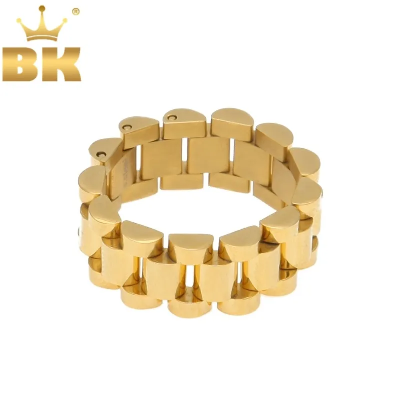 Top Quality Size 8-12 Hip Hop Band Ring Men's Stainless Steel Gold Color Watchband Link Style 210701