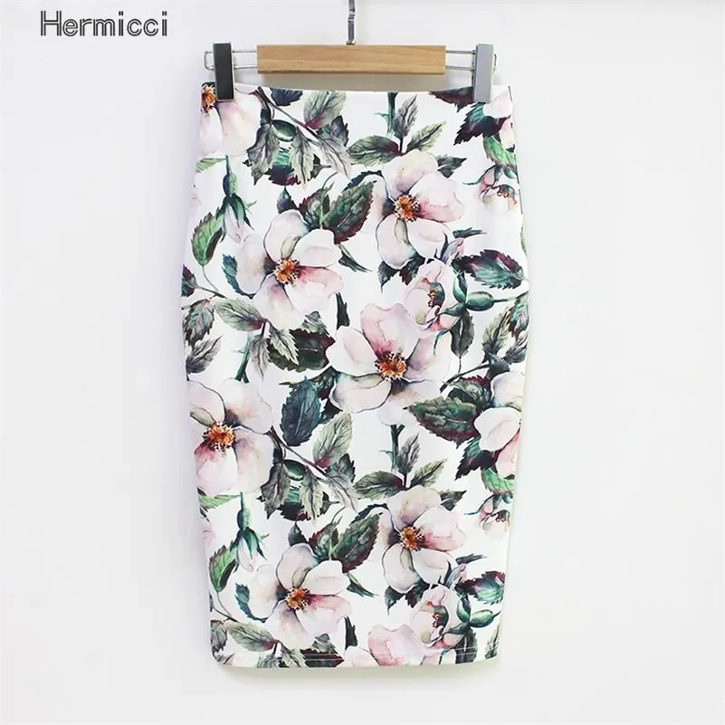 Hermicci estilo de verão lápis saia mulheres cintura alta saia verde vintage elegante bodycon cópia floral midi saia 210306