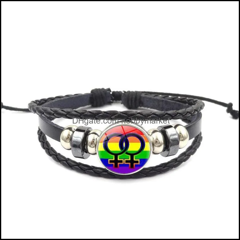 Gay and Lesbian Sign bracelet 18mm Ginger Snap Button Rainbow cabochons Glass charm Braided leather rope bracelet For women Men Jewelry