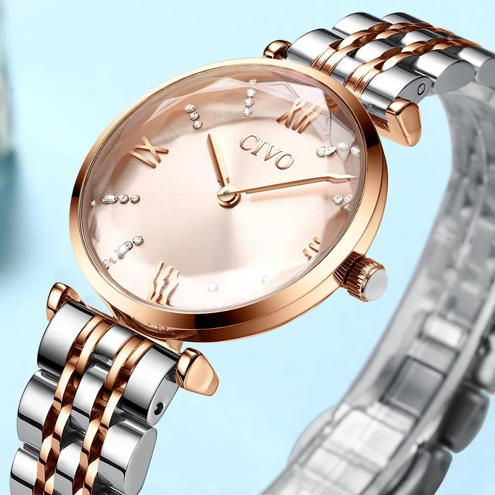 CIVO Womens Luxury Crystal Watch Waterproof Rose Gold Steel Strap