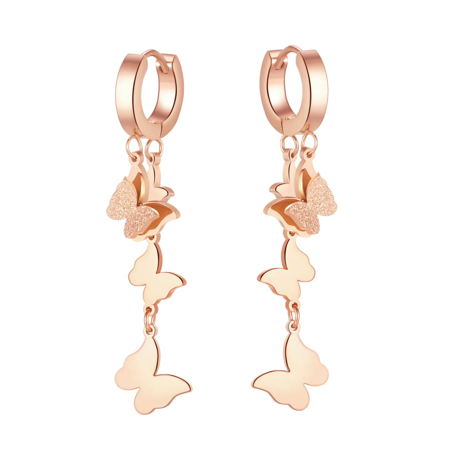 Orecchini lunghi con nappa pendente a farfalla in acciaio inossidabile oro rosa / argento per regali di moda da donna